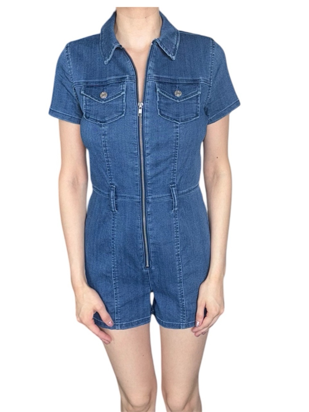 Denim Zip-Front Short Jumpsuit Romper